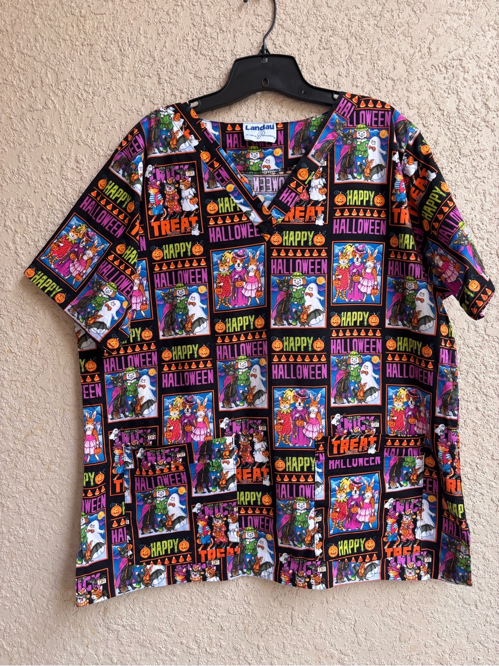 Landau Halloween Print V-Neck Top - Black & Multicolor